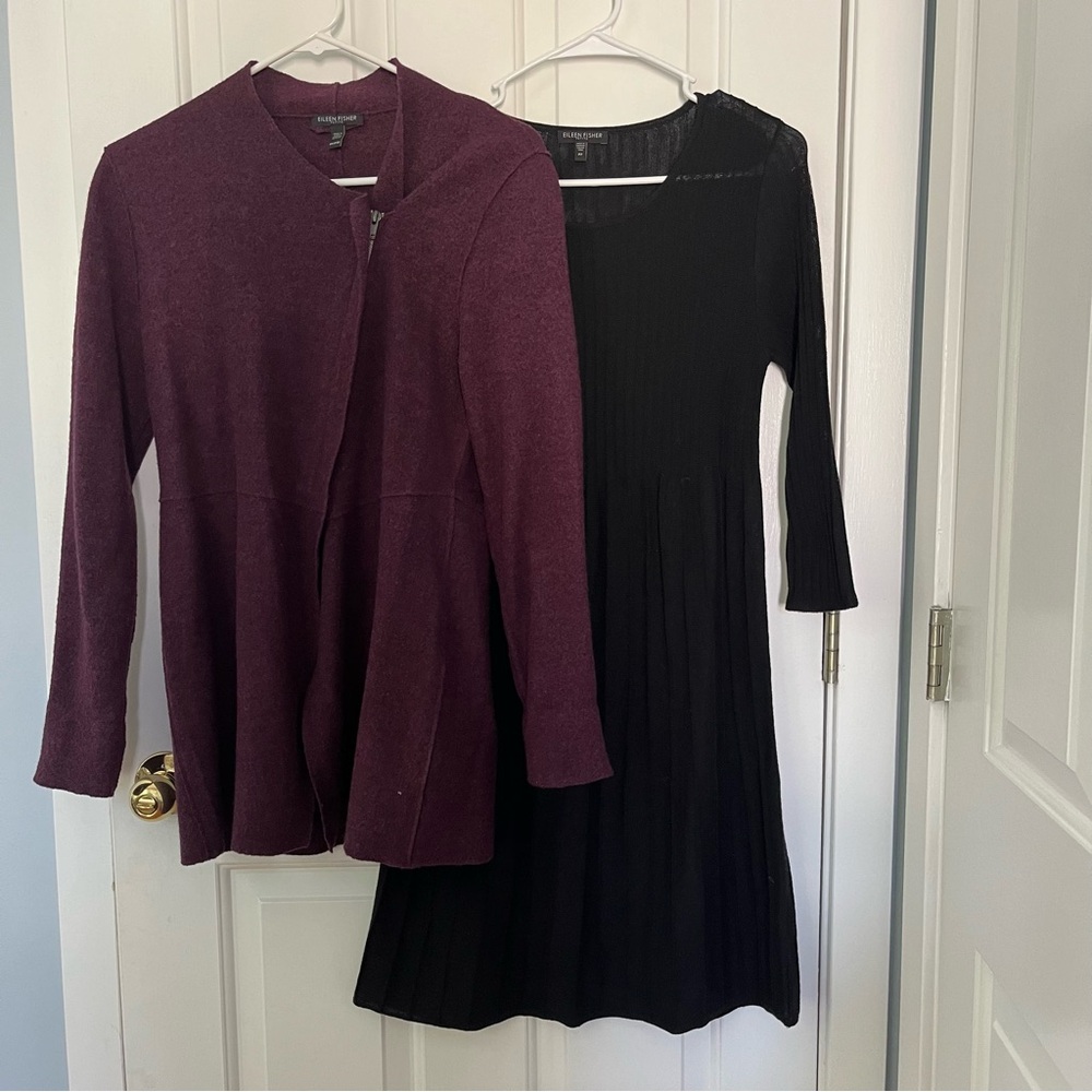 Eileen Fisher merino wool bundle marooon cardigan and black dress petite PP